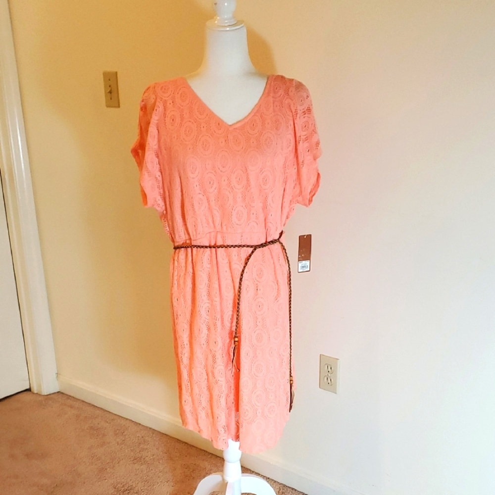 Sonoma Elegant Coral Lace Dress With Leather Belt